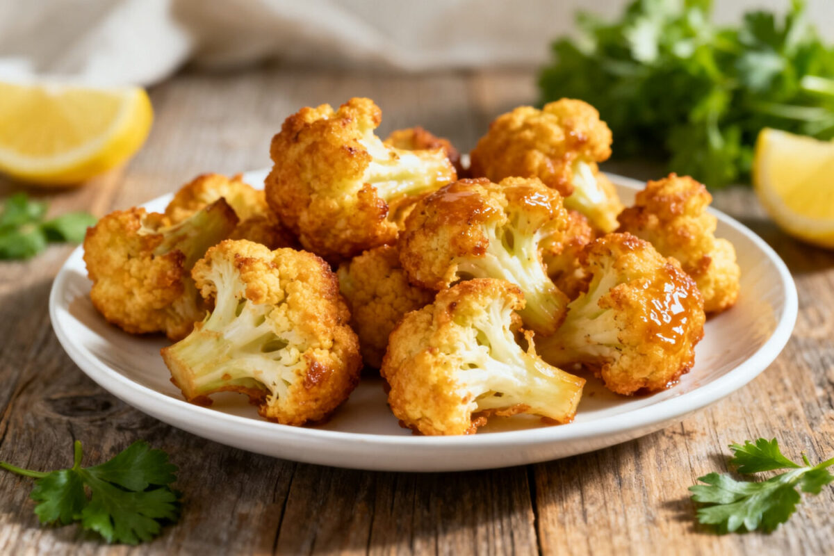 Air fryer battered cauliflower with a crispy golden coating, tender cauliflower florets, and fresh lemon wedges