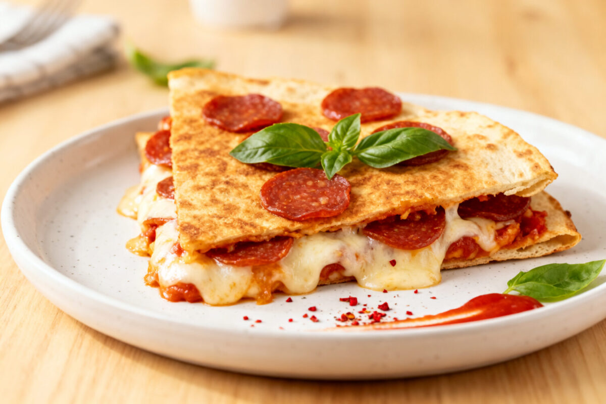Air fryer pepperoni pizza quesadilla with melted mozzarella cheese, crispy pepperoni, pizza sauce, and golden tortillas
