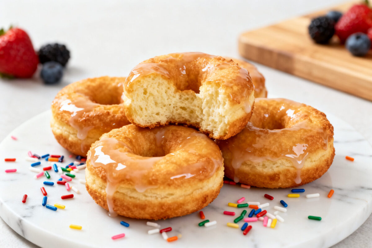 Air fryer canned biscuit donuts with a soft fluffy center, sweet glaze, and golden homemade texture