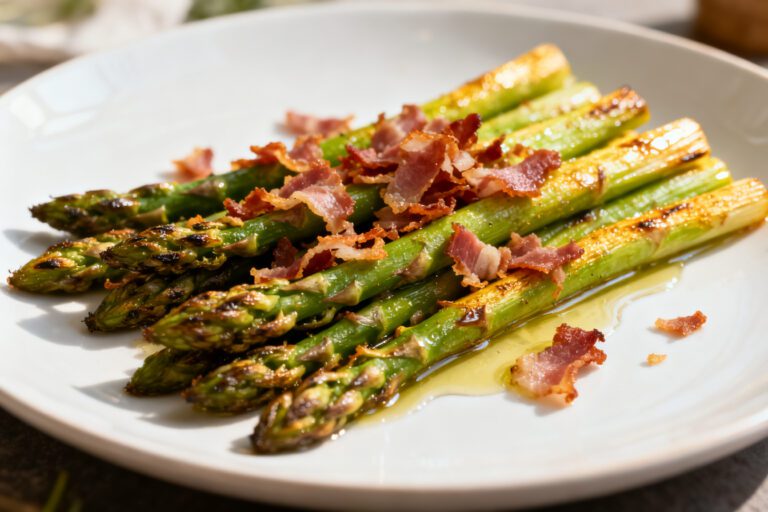 Air fryer asparagus with bacon featuring tender roasted asparagus spears, crispy bacon pieces, and savory seasoning