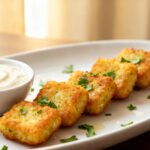 Air fryer cauliflower tots with a crispy golden coating, tender cauliflower center, and creamy dipping sauce