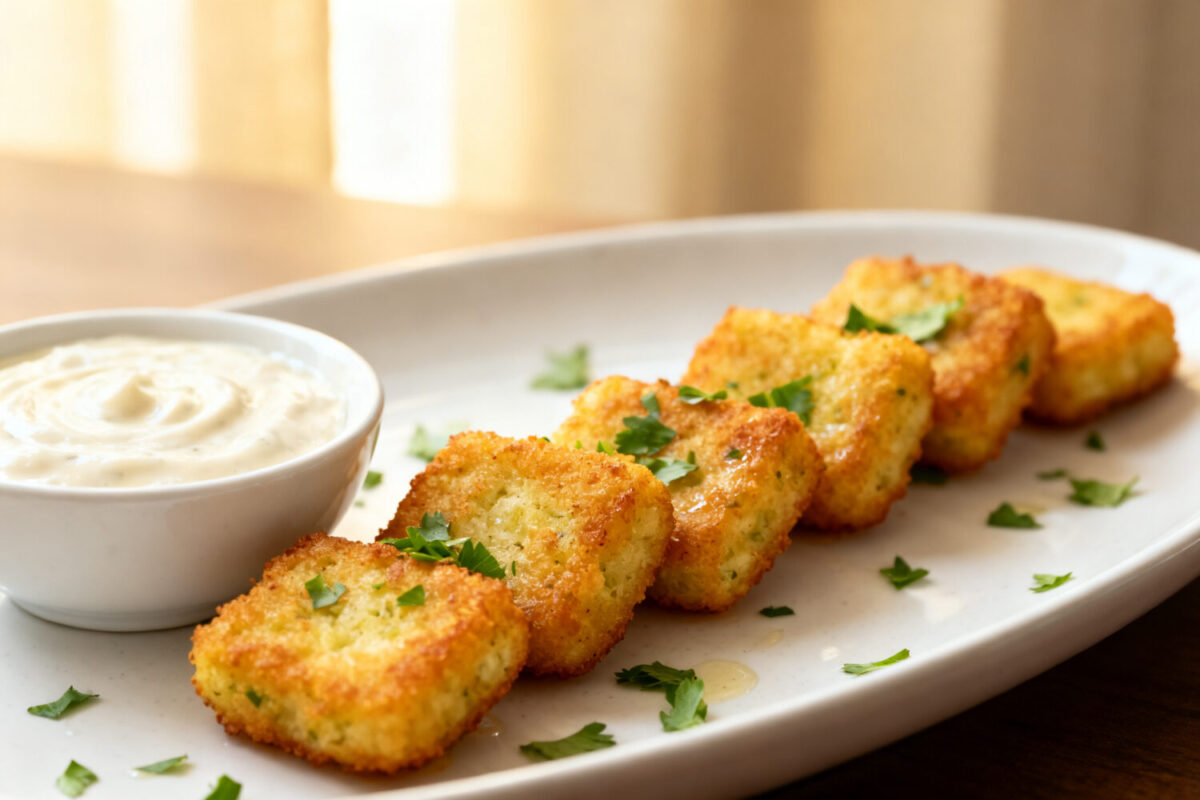 Air fryer cauliflower tots with a crispy golden coating, tender cauliflower center, and creamy dipping sauce