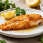 Air fryer breaded tilapia with a crispy golden coating, tender flaky fish, and fresh lemon wedges