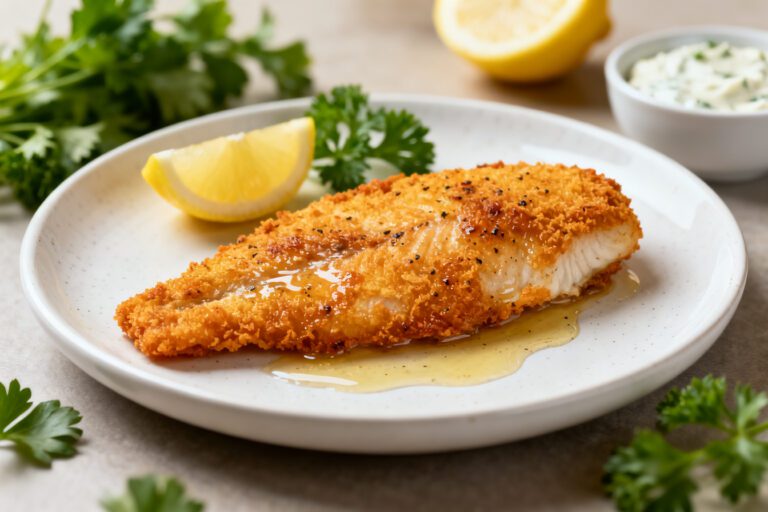 Air fryer breaded tilapia with a crispy golden coating, tender flaky fish, and fresh lemon wedges