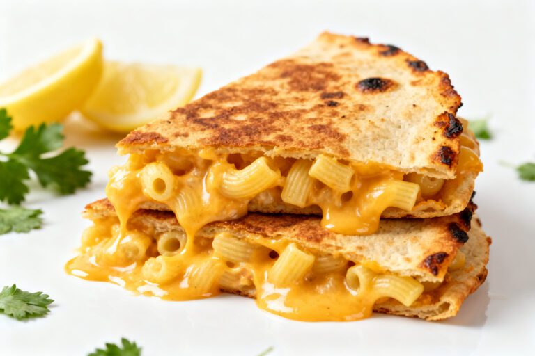 Air fryer mac and cheese quesadilla with creamy macaroni, melted cheddar cheese, and crispy golden tortillas