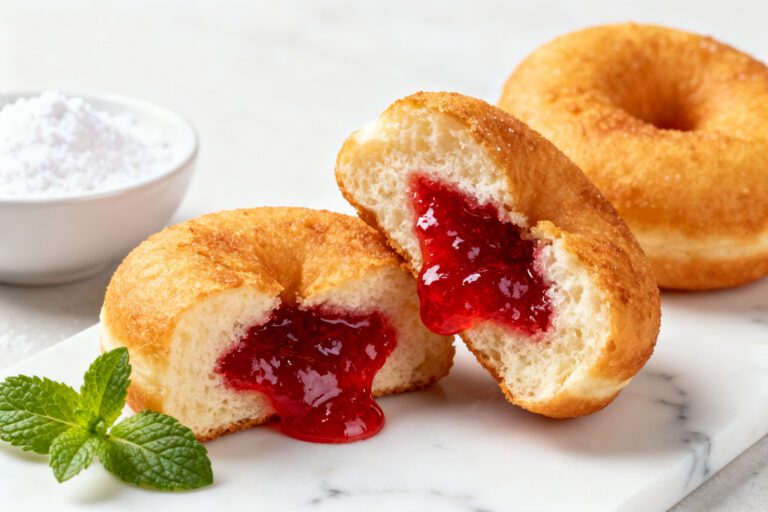 Air fryer jelly donuts with a soft fluffy texture and sweet strawberry jelly filling bursting from the center
