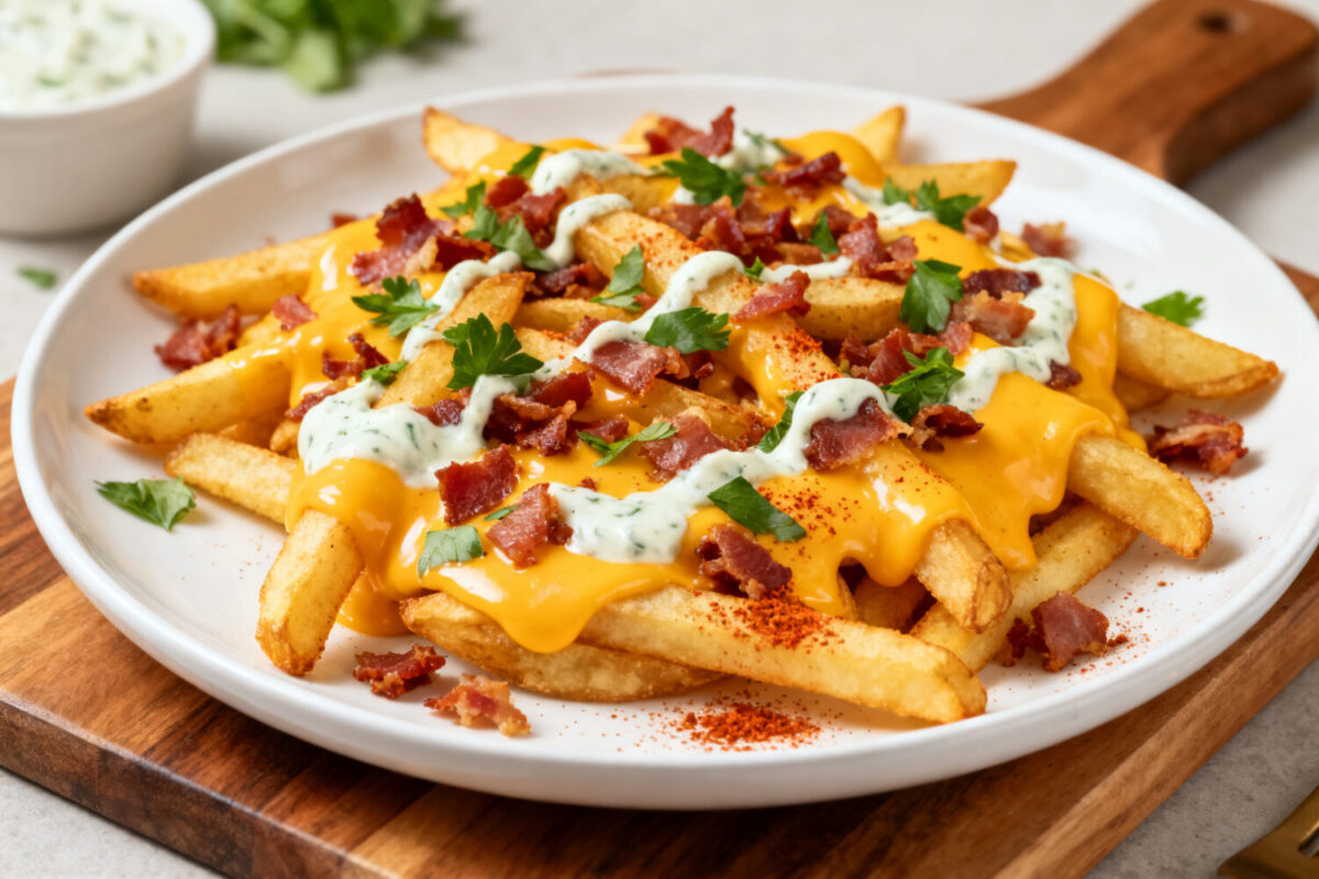 Air fryer bacon cheese fries topped with crispy bacon, melted cheddar cheese, creamy sauce, and golden fries