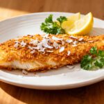 Air fryer coconut crusted tilapia with a crispy coconut coating, tender flaky fish, and fresh lemon wedges