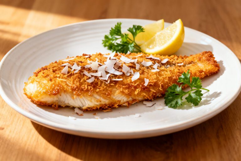 Air fryer coconut crusted tilapia with a crispy coconut coating, tender flaky fish, and fresh lemon wedges