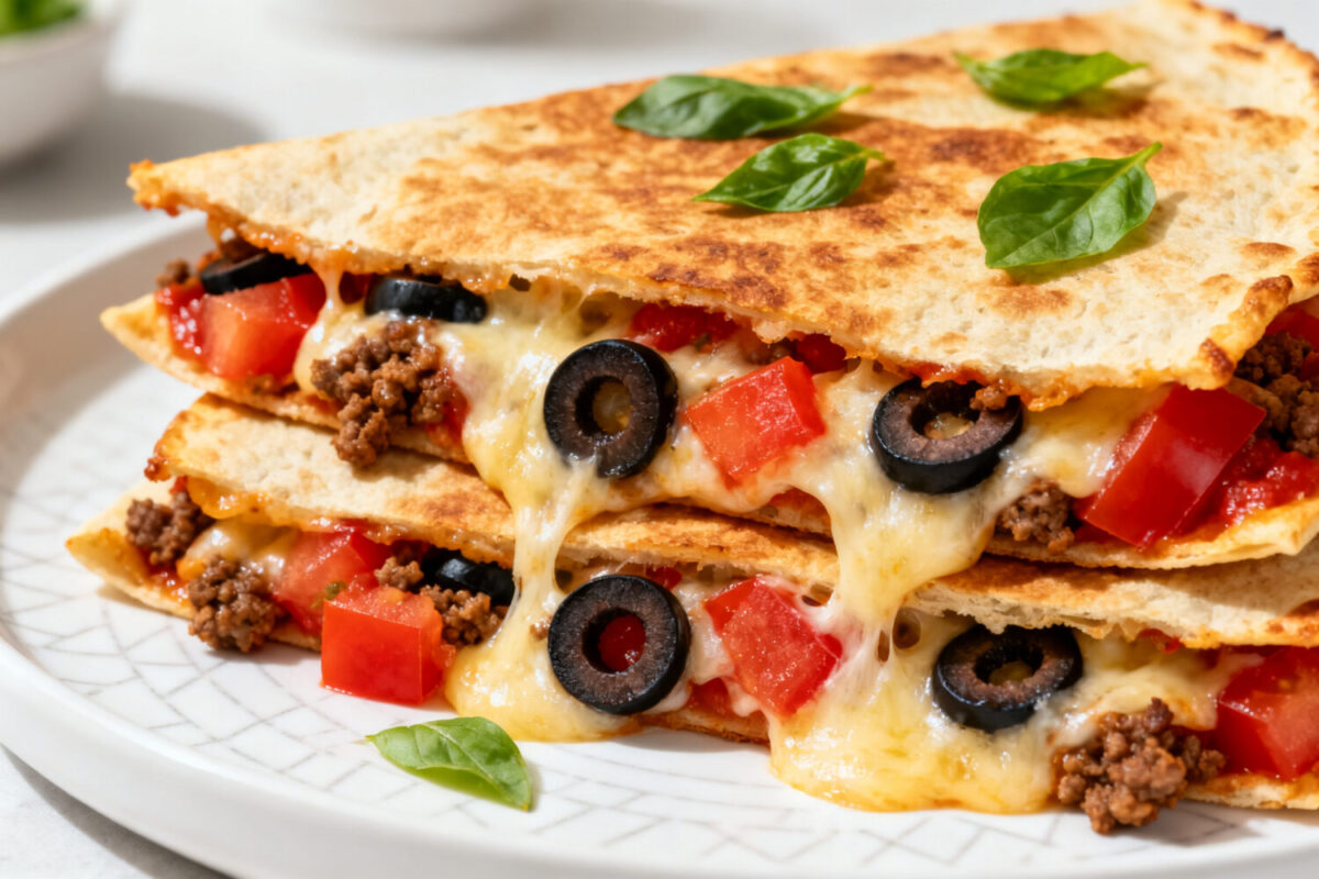 Air fryer supreme pizza quesadilla with seasoned beef, melted mozzarella cheese, black olives, tomatoes, and crispy golden tortillas