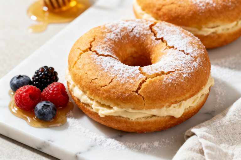 Air fryer protein donuts with a soft fluffy texture, creamy protein filling, and a light dusting of powdered sugar