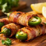 Air fryer bacon wrapped jalapenos stuffed with melted cheese and wrapped in crispy smoky bacon