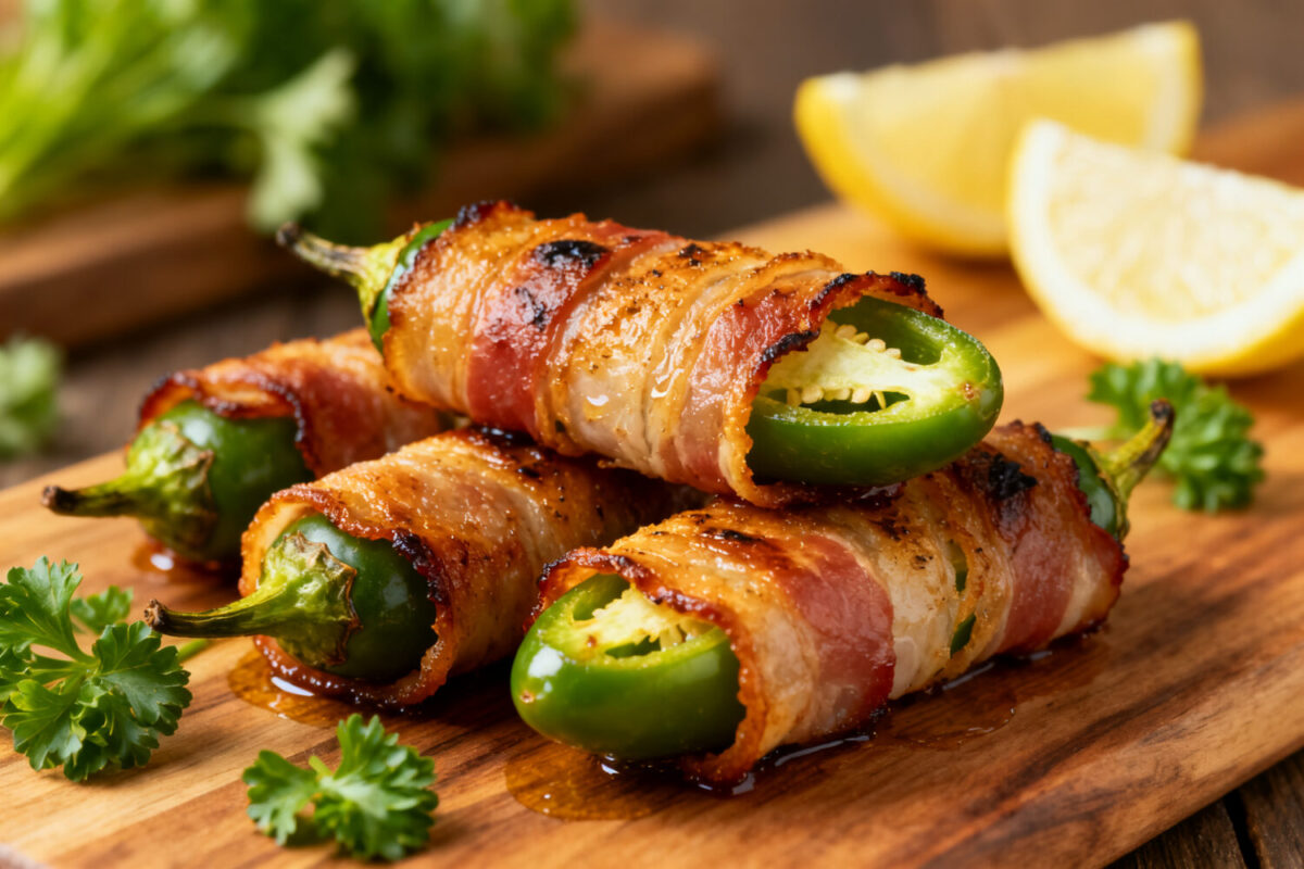 Air fryer bacon wrapped jalapenos stuffed with melted cheese and wrapped in crispy smoky bacon
