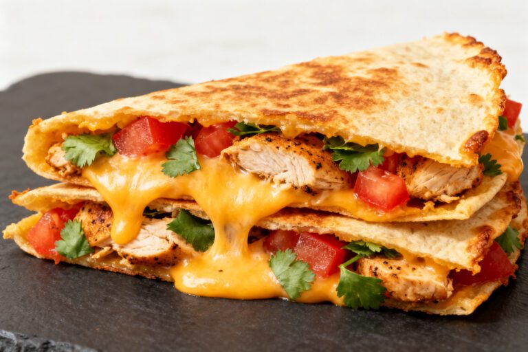 Copycat air fryer Taco Bell quesadilla with juicy chicken, melted cheese, fresh tomatoes, cilantro, and crispy golden tortillas