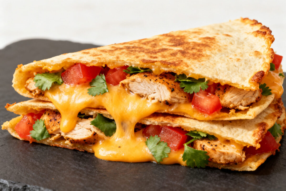 Copycat air fryer Taco Bell quesadilla with juicy chicken, melted cheese, fresh tomatoes, cilantro, and crispy golden tortillas