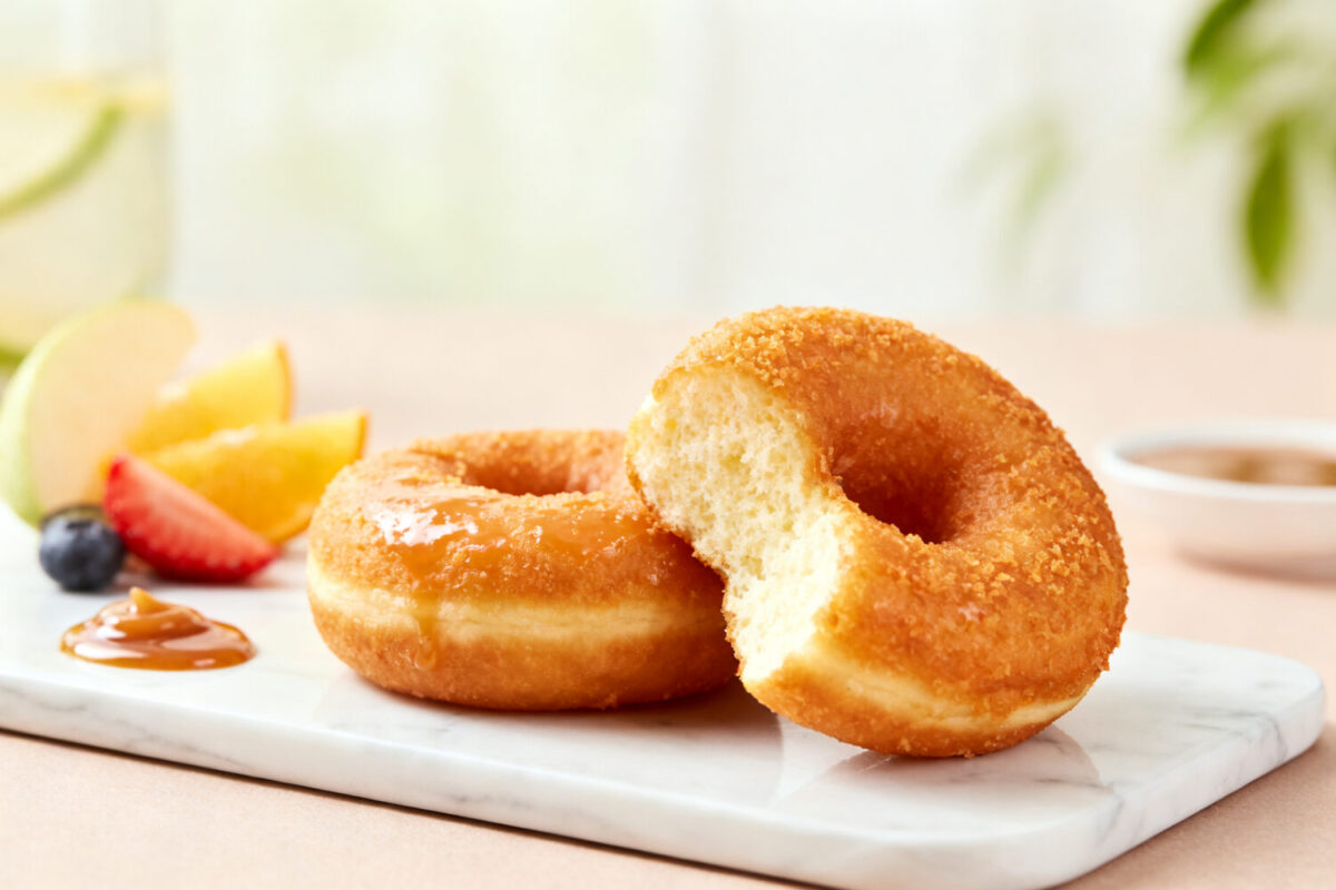 Air fryer Krispy Kreme donuts with a soft fluffy texture, sweet glazed coating, and bakery style flavor