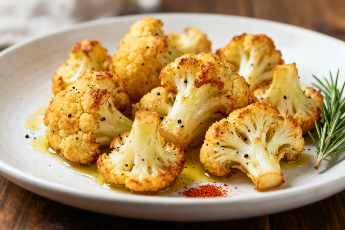 Keto air fryer cauliflower with crispy roasted florets, golden edges, and savory seasoning