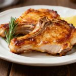 Air fryer turkey chops with juicy tender meat, golden caramelized edges, fresh rosemary, and lemon wedges