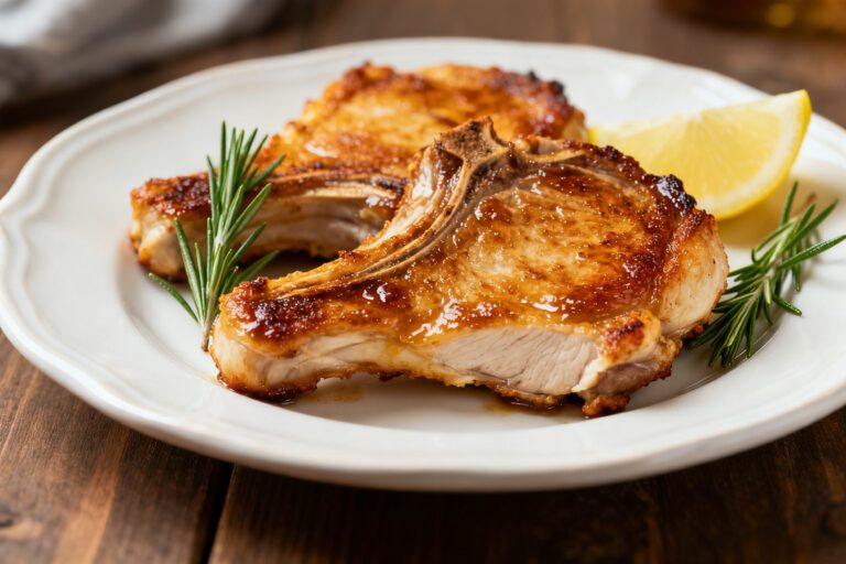 Air fryer turkey chops with juicy tender meat, golden caramelized edges, fresh rosemary, and lemon wedges