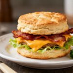 Air fryer biscuit sandwich with crispy bacon, melted cheddar cheese, fresh lettuce, and a fluffy golden biscuit