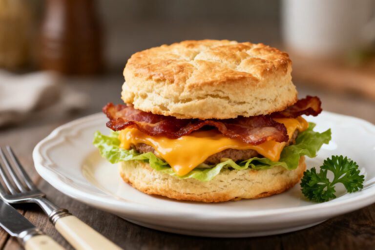 Air fryer biscuit sandwich with crispy bacon, melted cheddar cheese, fresh lettuce, and a fluffy golden biscuit