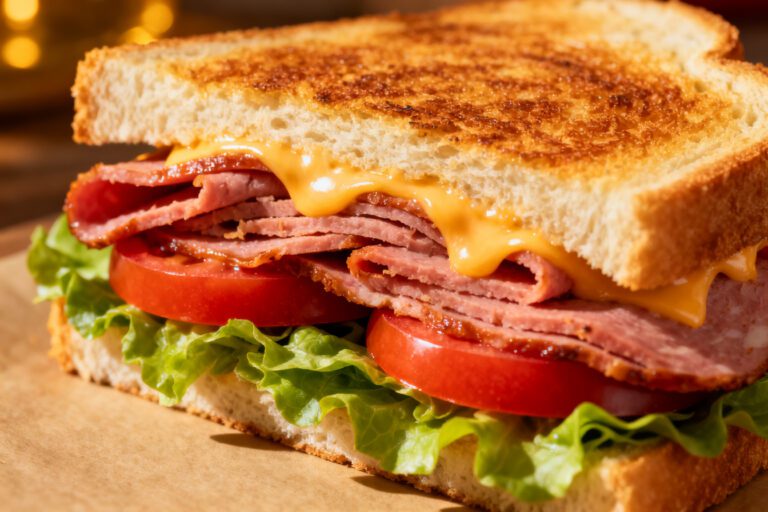 Air fryer bologna sandwich with crispy bologna, melted cheddar cheese, fresh lettuce, tomatoes, and toasted bread