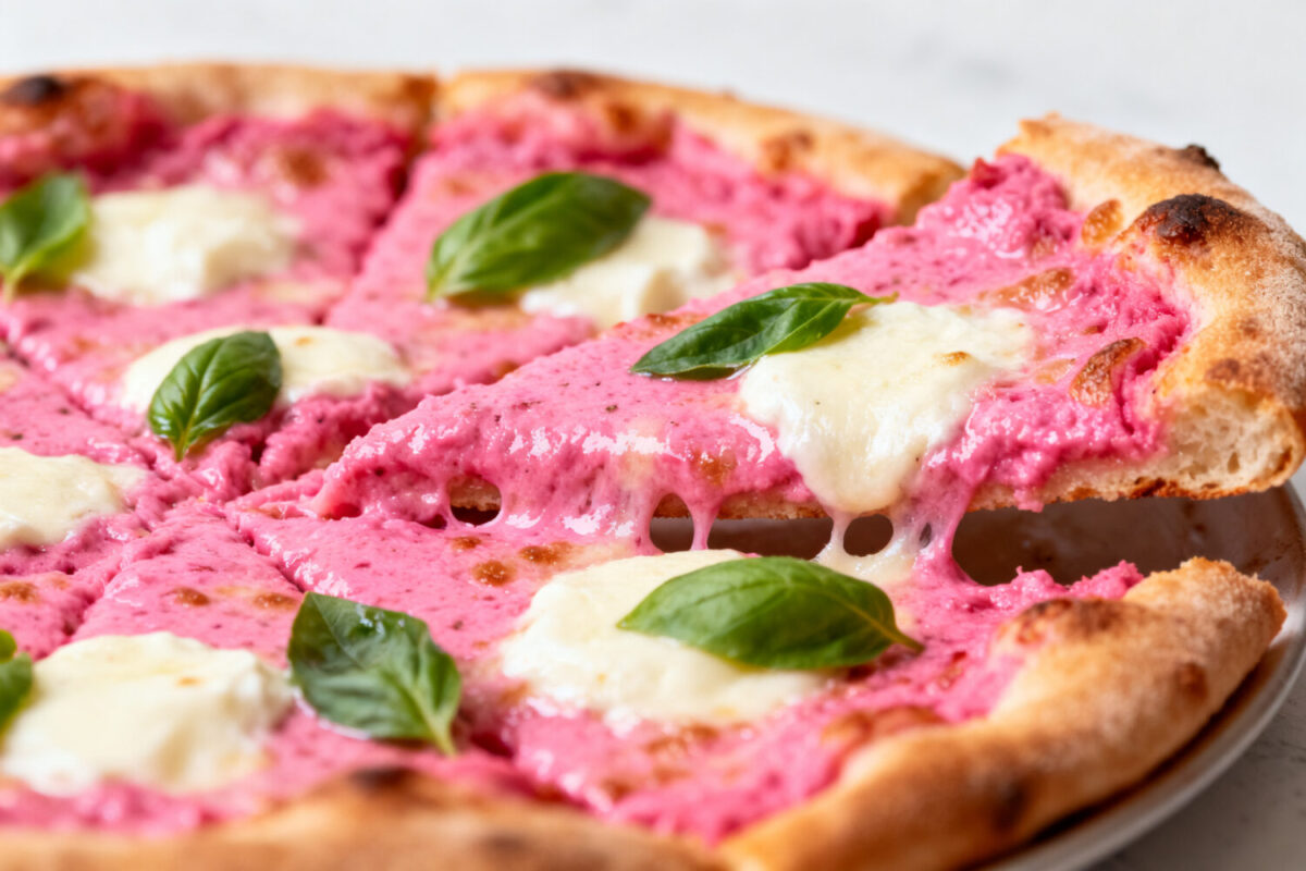 Air fryer pink pizza topped with creamy pink sauce, melted mozzarella cheese, and fresh basil leaves