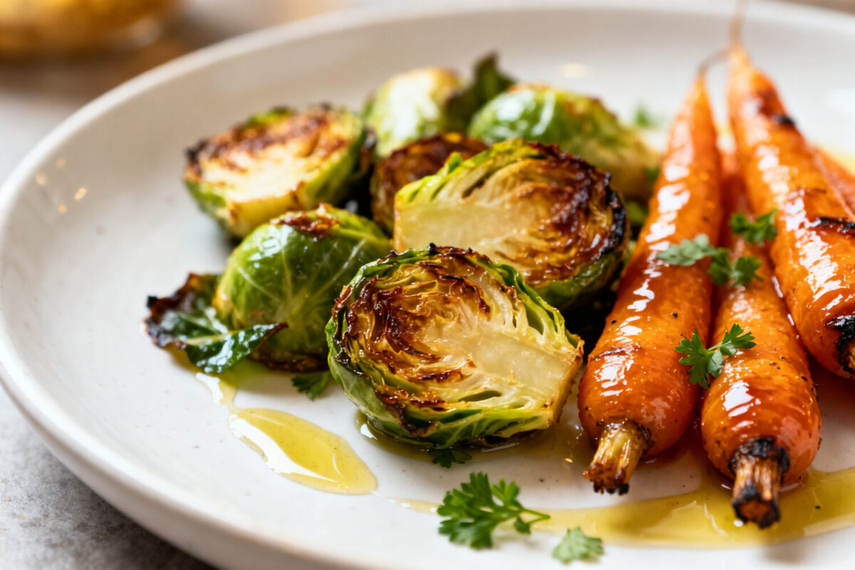 Air fryer Brussels sprouts and carrots with crispy roasted vegetables, caramelized edges, and fresh herb garnish