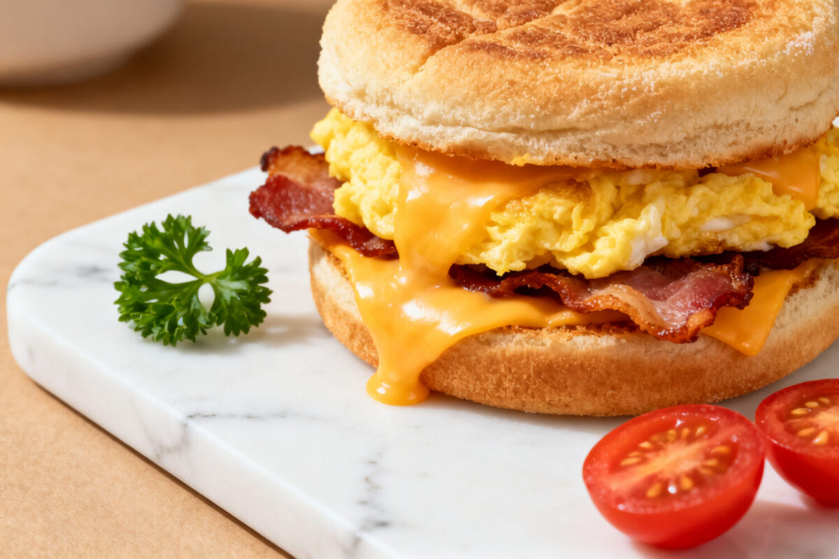 Frozen air fryer breakfast sandwich with fluffy eggs, crispy bacon, melted cheddar cheese, and a toasted English muffin