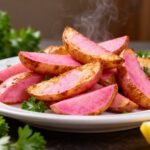 Air fryer pink potato wedges with crispy roasted edges, vibrant pink potatoes, and fresh herb garnish