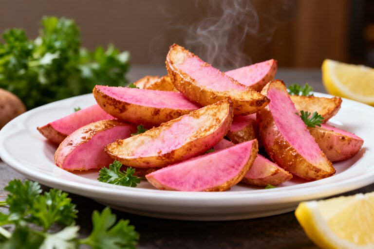 Air fryer pink potato wedges with crispy roasted edges, vibrant pink potatoes, and fresh herb garnish