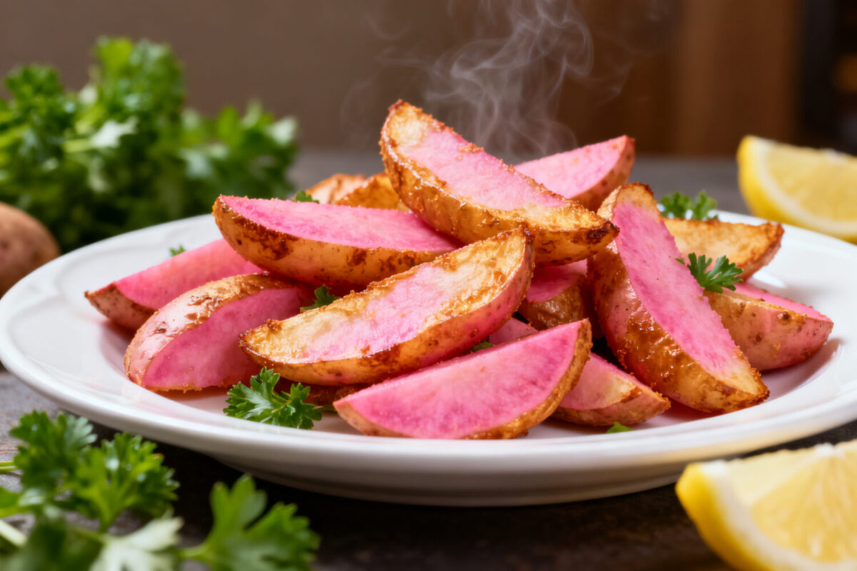 Air fryer pink potato wedges with crispy roasted edges, vibrant pink potatoes, and fresh herb garnish
