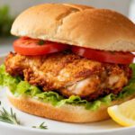 Crispy air fryer chicken thigh sandwich with lettuce, tomato slices, and a golden toasted bun, served on a white plate with lemon wedges.