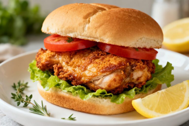 Crispy air fryer chicken thigh sandwich with lettuce, tomato slices, and a golden toasted bun, served on a white plate with lemon wedges.