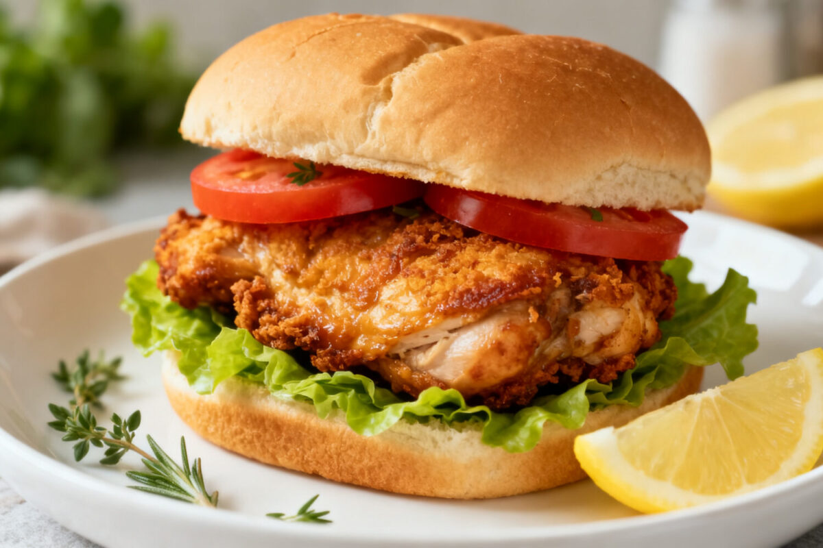 Crispy air fryer chicken thigh sandwich with lettuce, tomato slices, and a golden toasted bun, served on a white plate with lemon wedges.