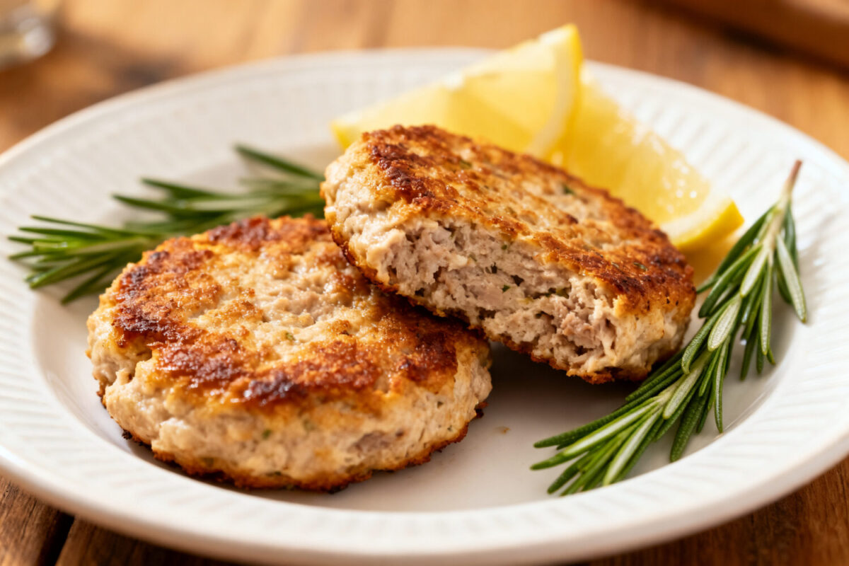 Juicy air fryer turkey patties with a golden brown crust, served on a white plate with fresh rosemary sprigs and lemon wedges.