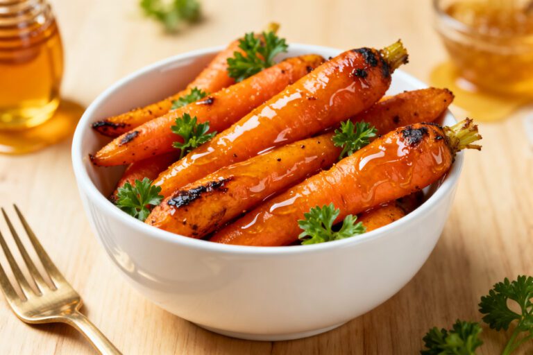 Air fryer hot honey carrots glazed with sweet and spicy honey sauce, roasted until caramelized and served in a white bowl with fresh parsley garnish.