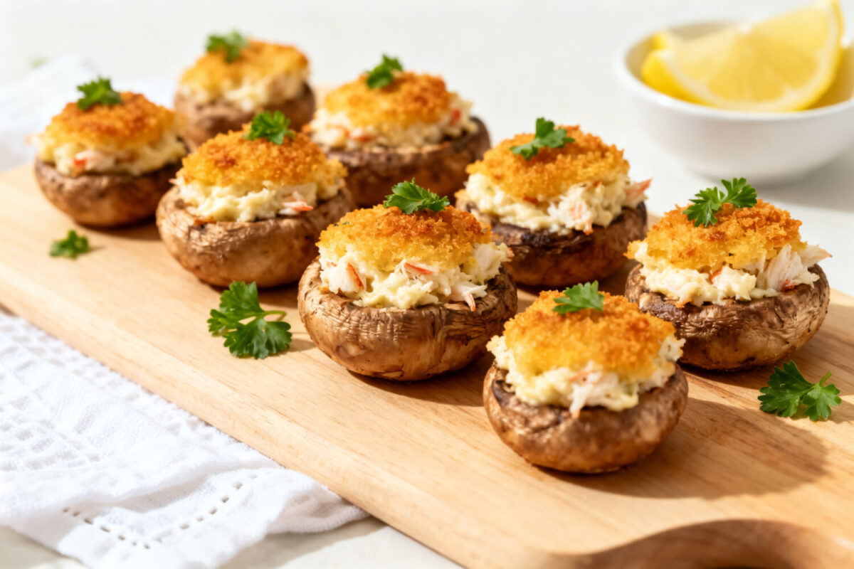 Air fryer crab stuffed mushrooms topped with golden crispy breadcrumbs, arranged on a wooden serving board and garnished with fresh parsley.