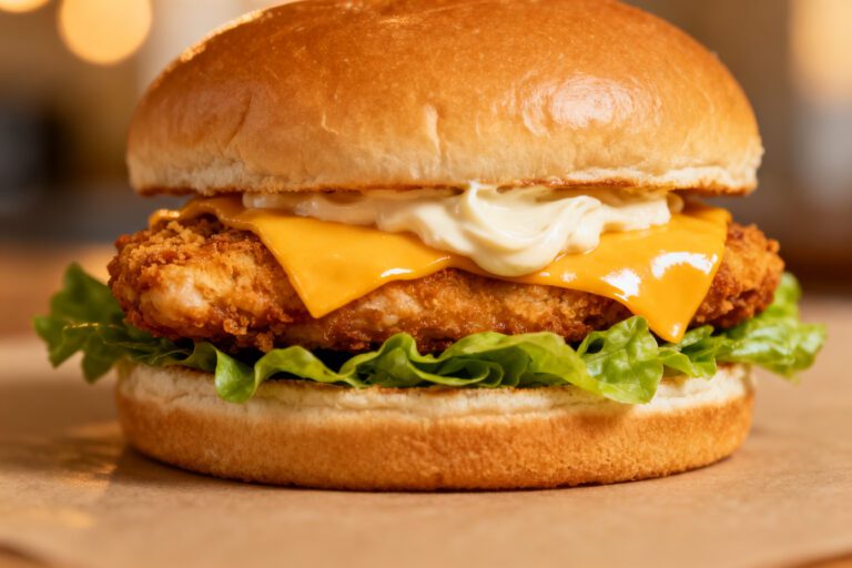Homemade air fryer chicken sandwich with crispy fried chicken, melted cheddar cheese, fresh lettuce, and creamy sauce on a soft toasted bun.
