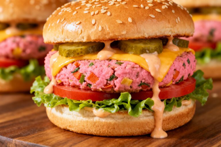 Air fryer pink veggie burger with a vibrant beet based patty, melted cheese, pickles, lettuce, tomato slices, and creamy sauce on a sesame seed bun.
