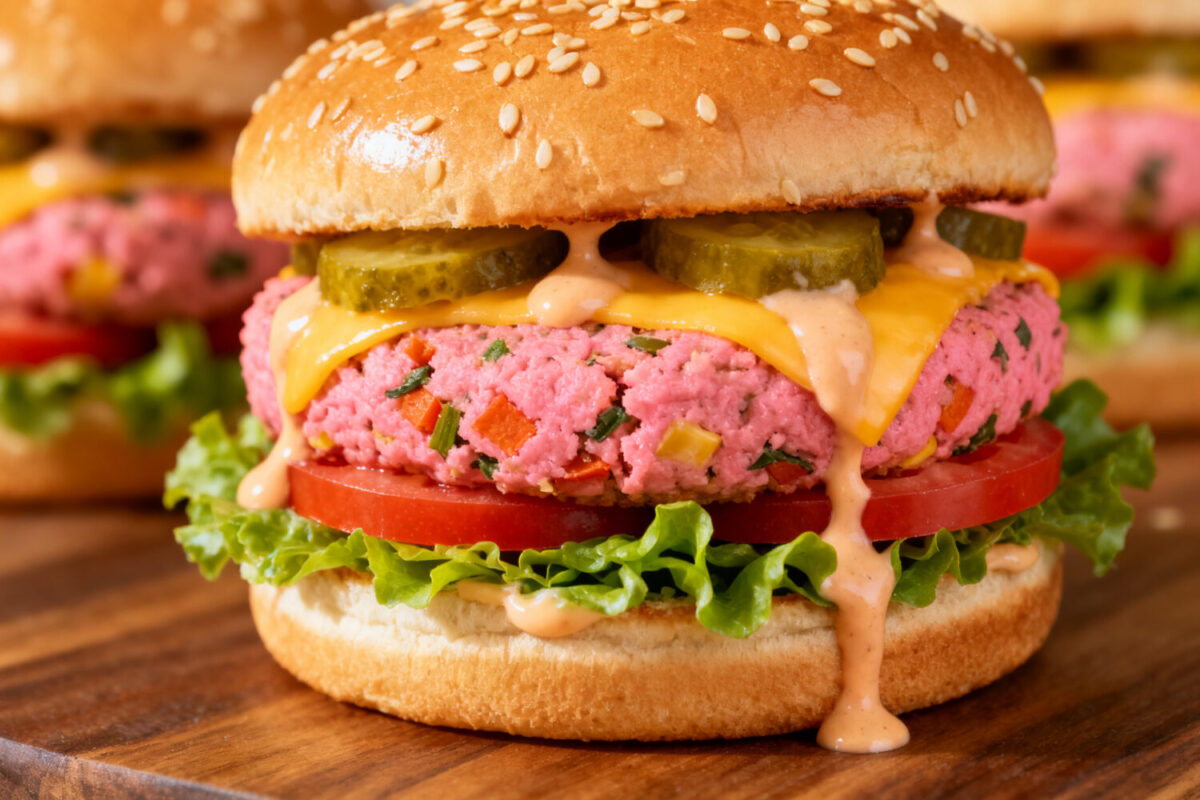 Air fryer pink veggie burger with a vibrant beet based patty, melted cheese, pickles, lettuce, tomato slices, and creamy sauce on a sesame seed bun.