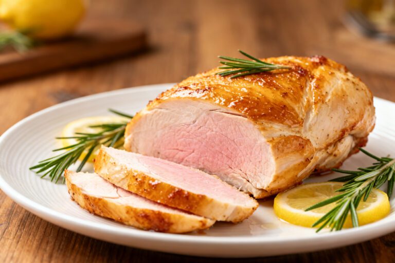 Juicy air fryer turkey breast with a golden roasted exterior, sliced and served on a white plate with fresh rosemary sprigs and lemon slices.