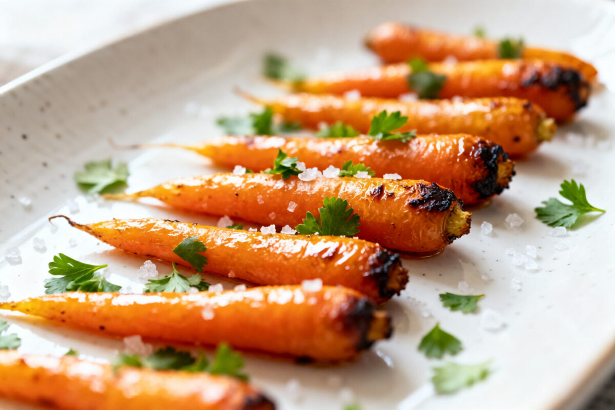 Air fryer baby carrots roasted until tender and caramelized, topped with coarse sea salt and fresh parsley on a serving platter.