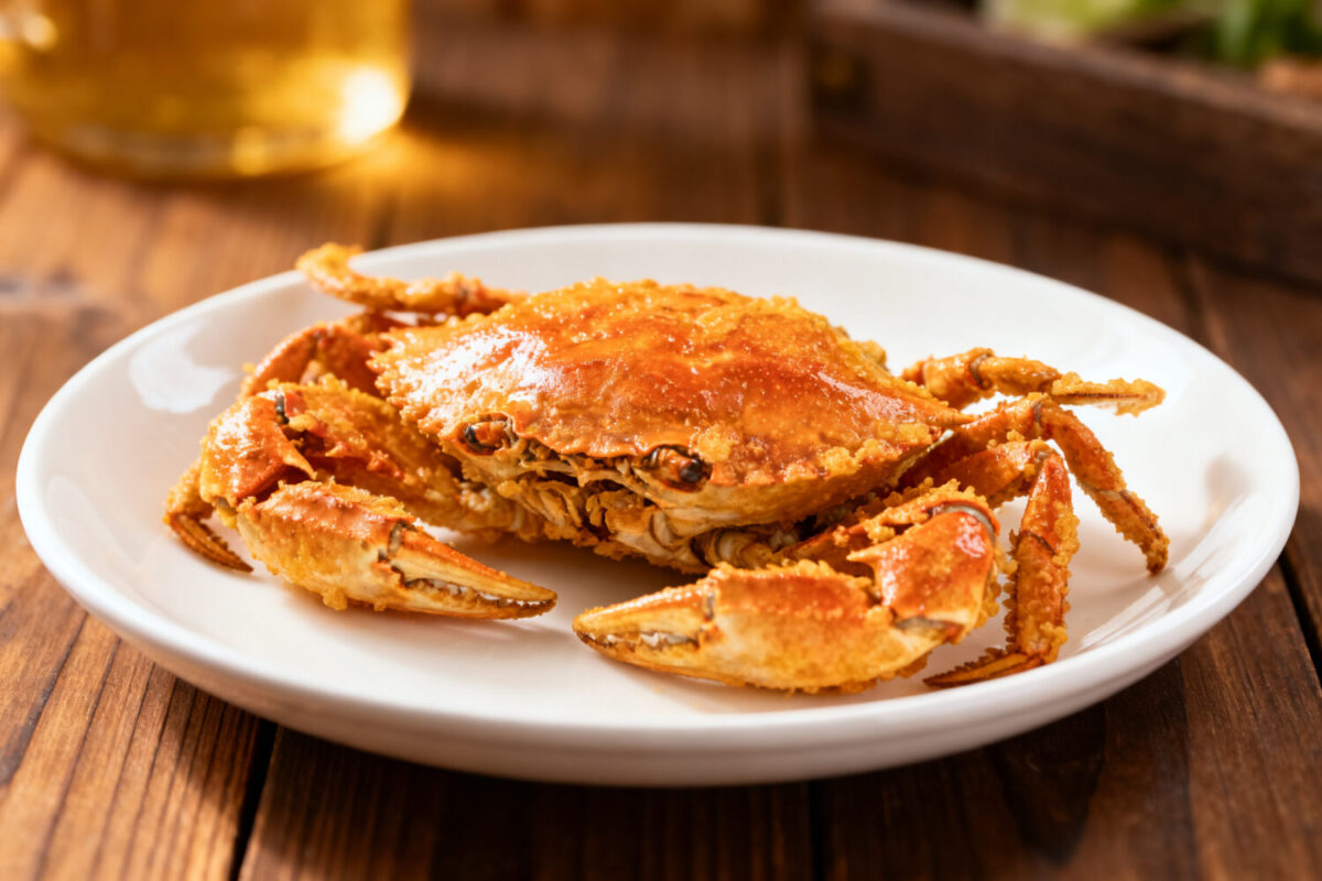 Crispy air fryer soft shell crab with a golden brown coating, served on a white plate and cooked until crunchy and tender inside.