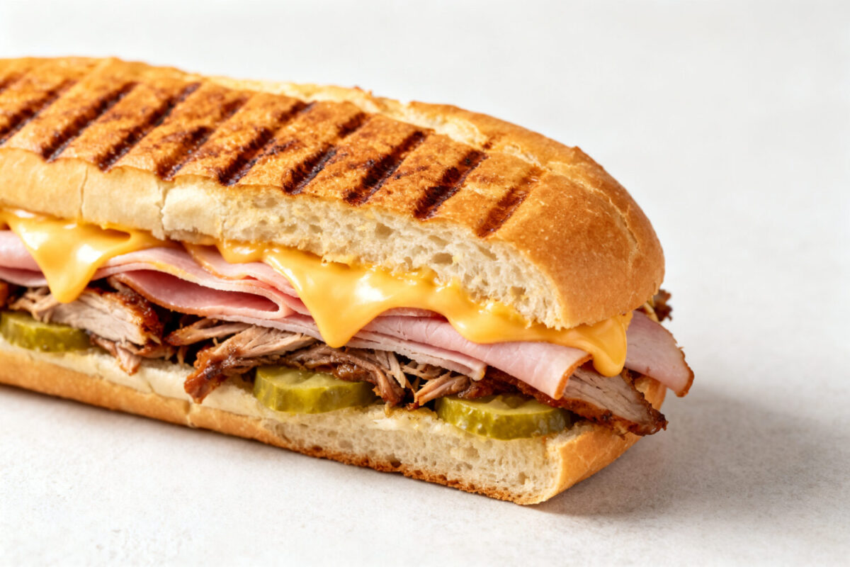 Air fryer Cuban sandwich with roasted pork, ham, melted cheese, and pickles on a toasted pressed roll with crispy grill marks.