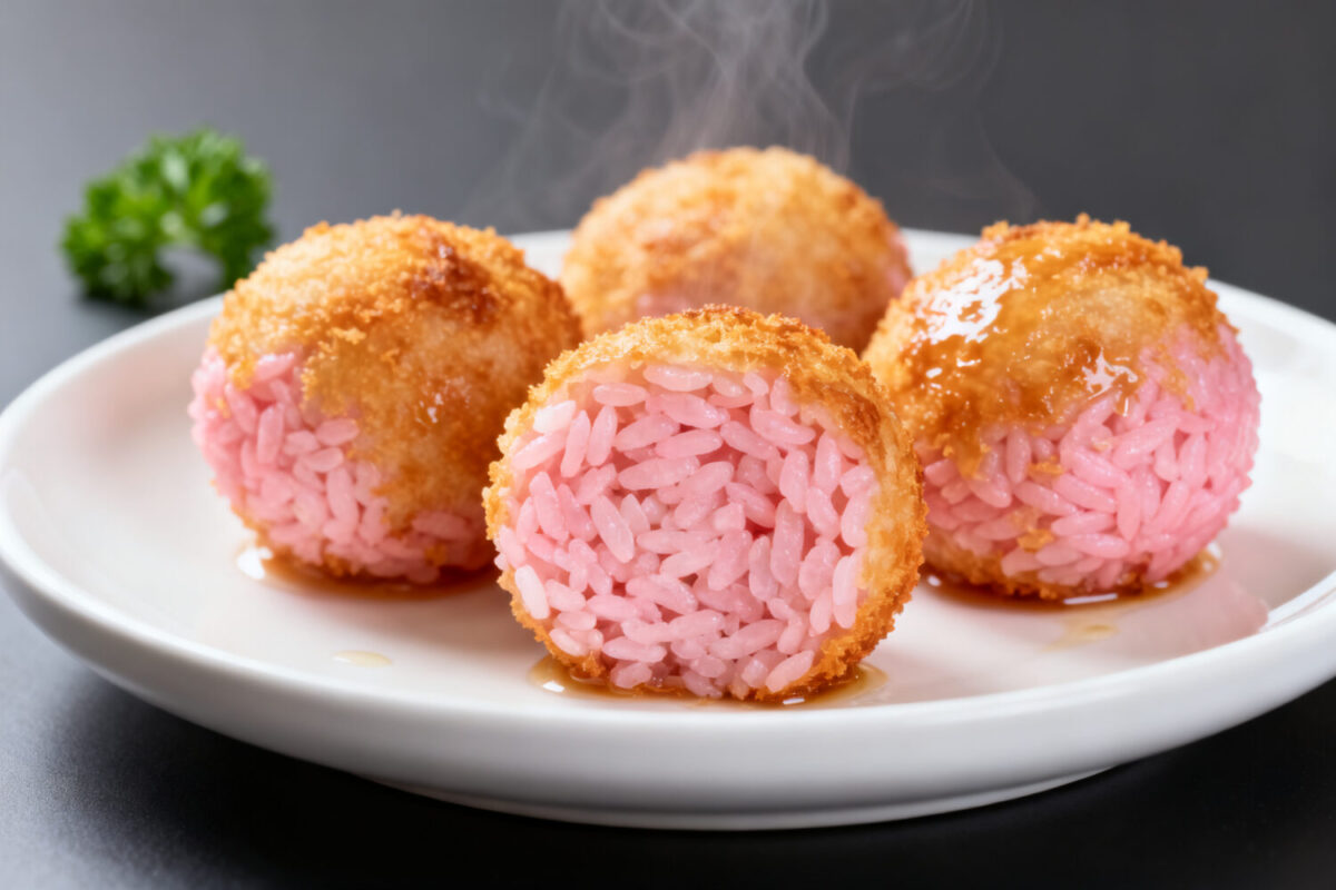 Air fryer pink rice balls with a crispy golden breadcrumb coating, served on a white plate and filled with vibrant pink rice.