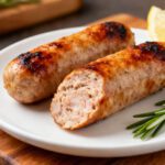 Air fryer turkey sausage links with a golden brown exterior, juicy interior, and fresh rosemary garnish, served on a white plate with a lemon wedge.