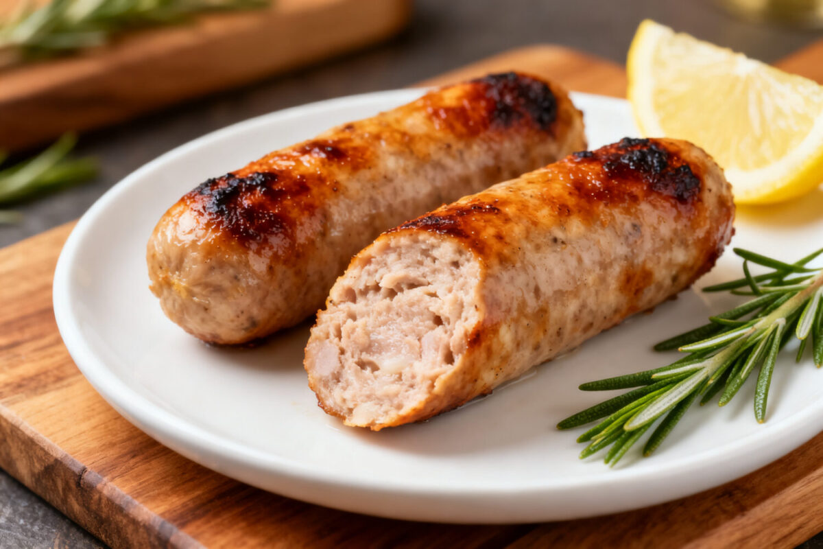 Air fryer turkey sausage links with a golden brown exterior, juicy interior, and fresh rosemary garnish, served on a white plate with a lemon wedge.