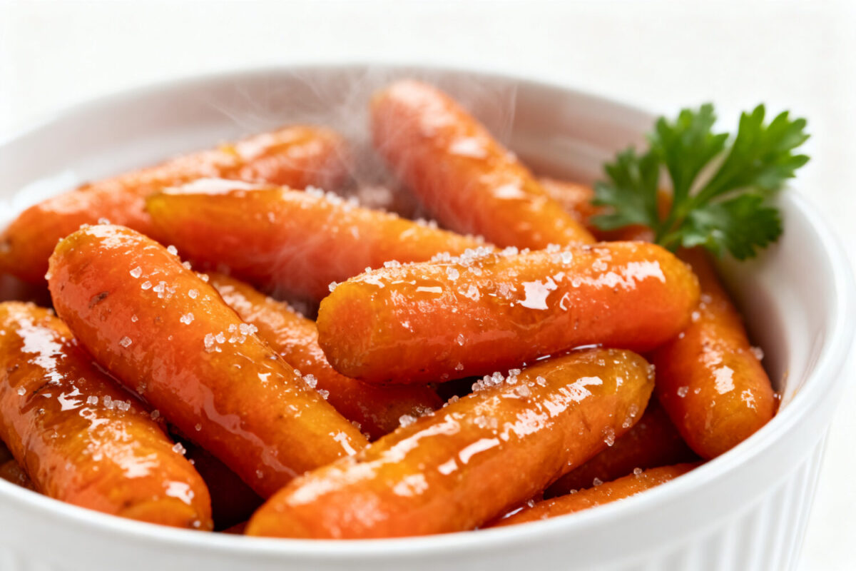 Air fryer glazed carrots coated in a sweet buttery glaze, roasted until tender and caramelized, served in a white bowl with fresh parsley.