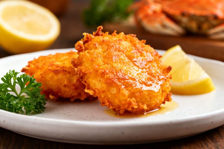 Air fryer crab crunchies with a crispy golden breadcrumb coating, served on a plate with lemon wedges and fresh parsley garnish.